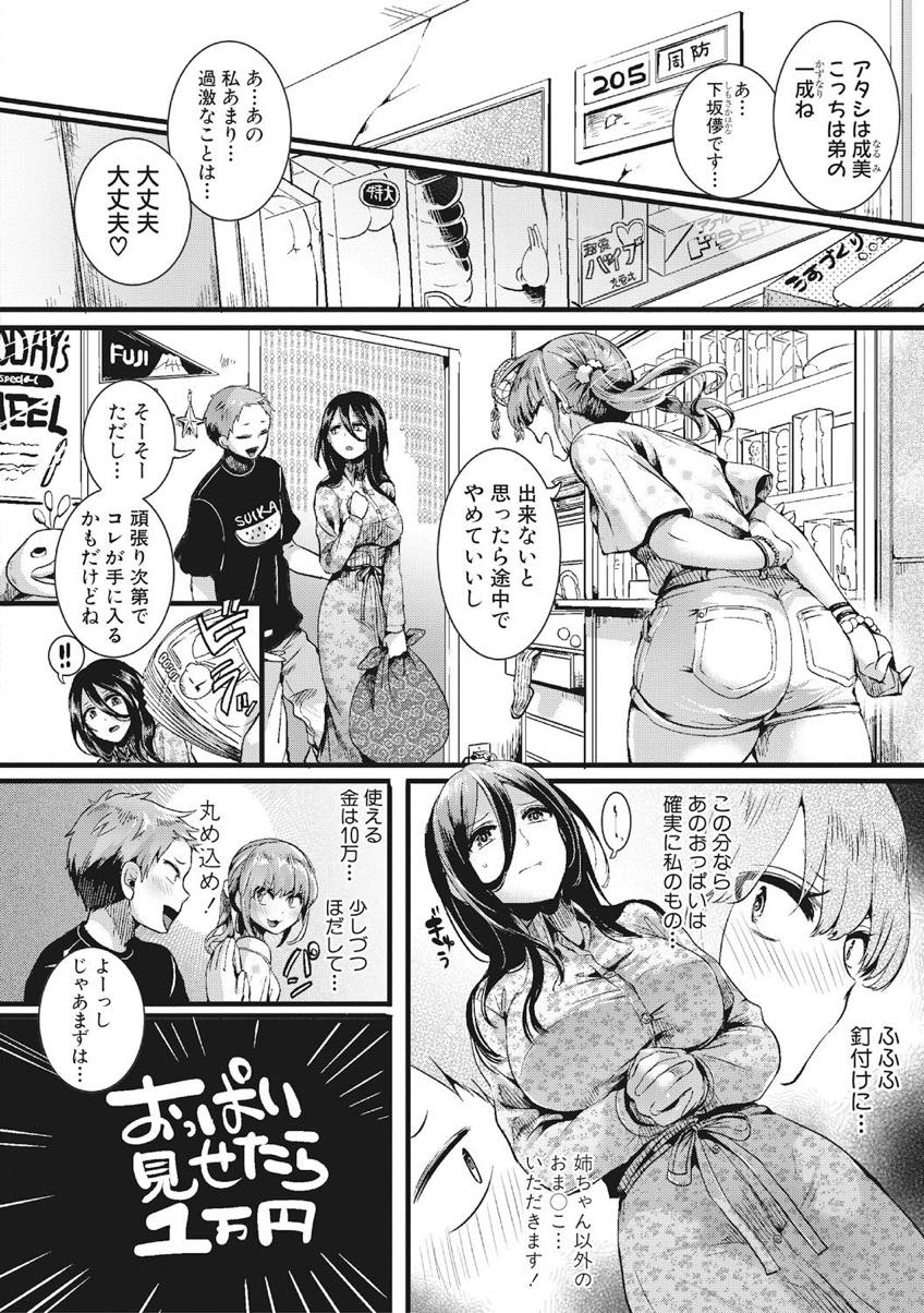 【エロ漫画】宝くじで30万円当たりお金に困ってそうな女の人を買うレズの姉とヤリチンの弟...お姉さんのテクに魅了されプレイを追加する度にお金を積んでいき性欲とお金が尽きるまで搾取される【doumou:周防姉弟のちょっとついている1日】