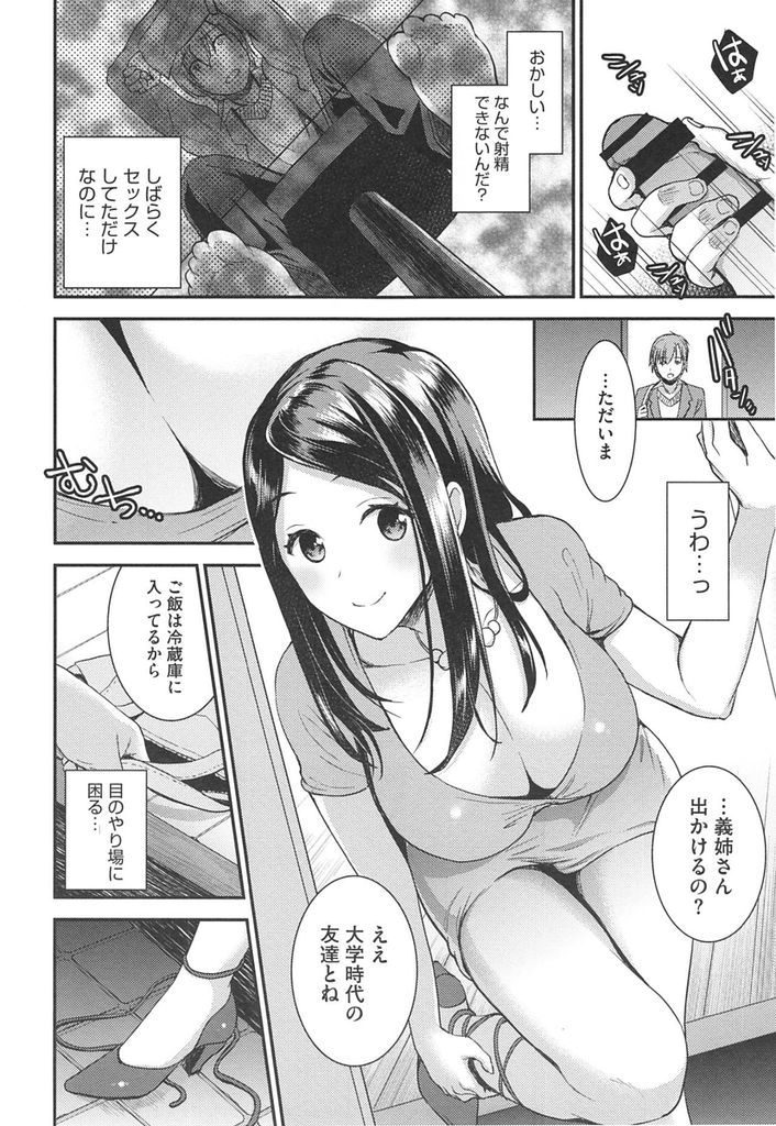 【エロ漫画】不倫しているのが後ろめたくなった義弟に関係を断れるが日常的に誘惑する淫乱妻...オナニーする度に姉の顔がよぎり射精できずもんもんとする日々に我慢ができず予定も忘れて義姉とセックスする