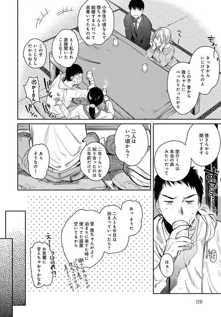 【エロ漫画】結婚することになり仲のいいご近所さんに挨拶し泊まらせてもらう巨乳お姉さん...隣の部屋から喘ぎ声が聞こえ覗くと見たこともない表情のお姉さんがいて勇気を出し告白しなかったことを後悔し鬱オナニー