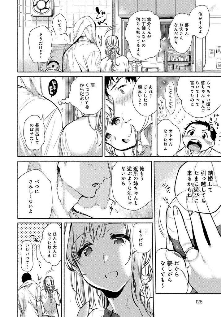 【エロ漫画】結婚することになり仲のいいご近所さんに挨拶し泊まらせてもらう巨乳お姉さん...隣の部屋から喘ぎ声が聞こえ覗くと見たこともない表情のお姉さんがいて勇気を出し告白しなかったことを後悔し鬱オナニー