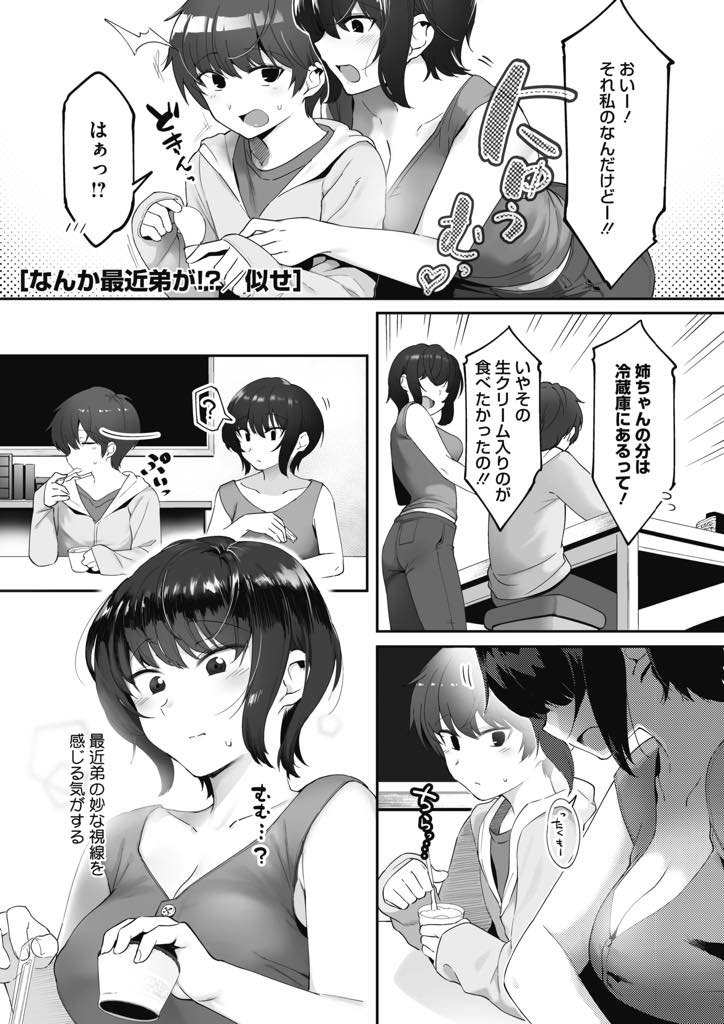 【エロ漫画】弟の胸元への視線が鬱陶しくなり注意する巨乳のお姉ちゃん...セックスする流れに持っていこうとする弟に本気でお願いされ仕方なく近親中出しセックス【似せ:なんか最近弟が！？】