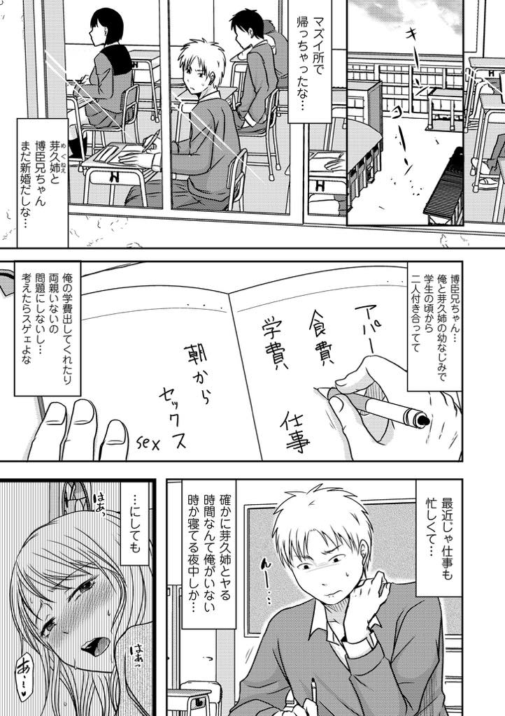 【エロ漫画】両親がおらず旦那と弟の三人暮らしをしている巨乳人妻...姉夫婦のセックスを見てから姉のことをエロい目で見てしまい義兄のチンポでよがる姉をオカズにしてぶっかける