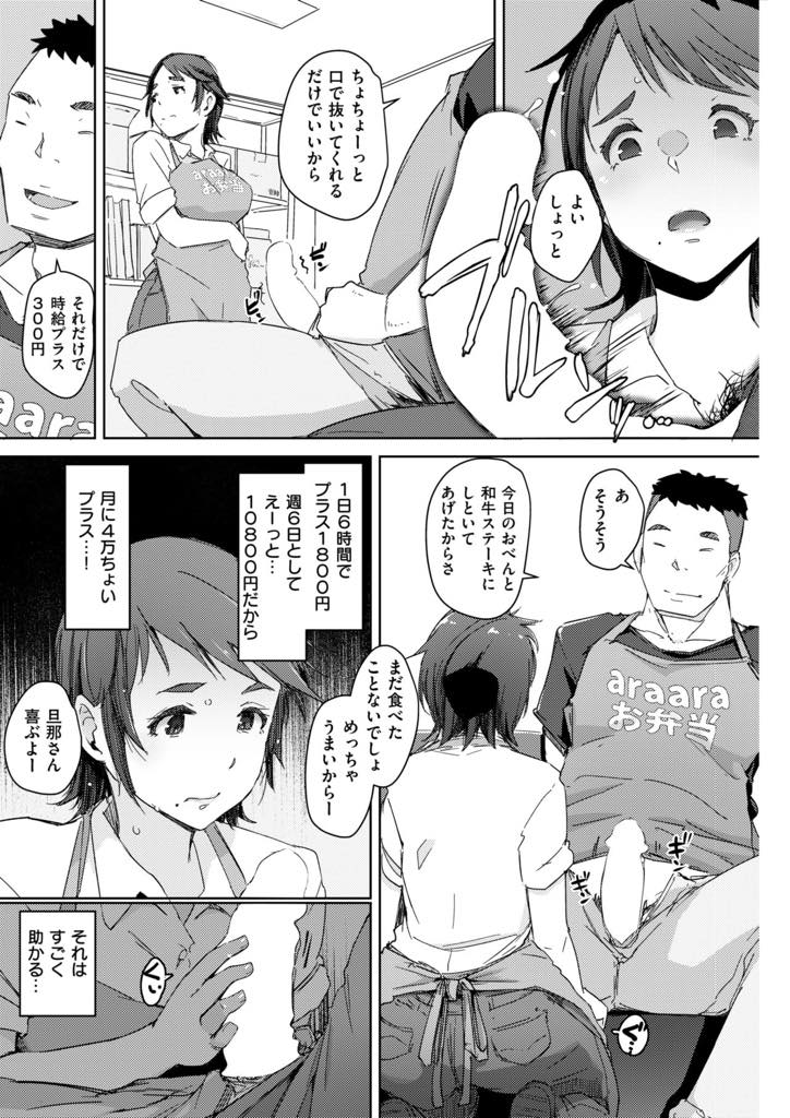 【エロ漫画】店長に待遇を良くしてもらうために性処理をする巨乳の人妻。ご奉仕フェラをして生ハメを強要されチンポ負けして寝取られ中出しセックスしちゃう