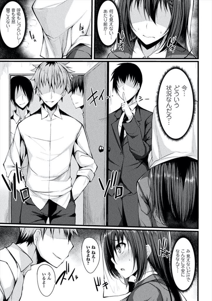 【エロ漫画】変態プレイが好きな彼氏に頼まれ袋を被ったままする目隠しセックスを渋々受け入れる巨乳JK...見えないせいで敏感になり挿入されてから彼氏の友達に寝取らされていることに気付きおかしくなるまで輪姦されNTR中出しセックス【すてりい:暗闇の向こうの君】