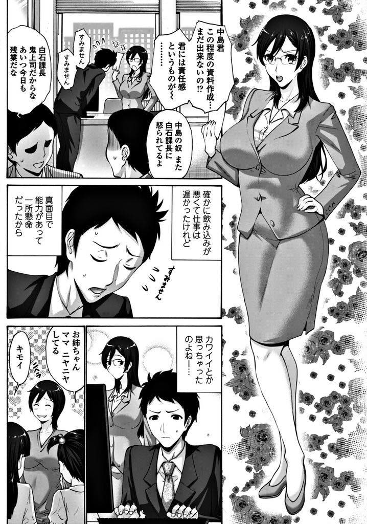 【エロ漫画】子供たちに馴れ初めを聞かれ当時部下だった旦那との初体験を思い出す爆乳人妻...部下としてではなく男として褒められたのだと思った彼にキスをされ抵抗することも忘れ言われるがままに処女だけでなくあらゆる初体験を奪われ中出しセックス【西川康:なれそめ】