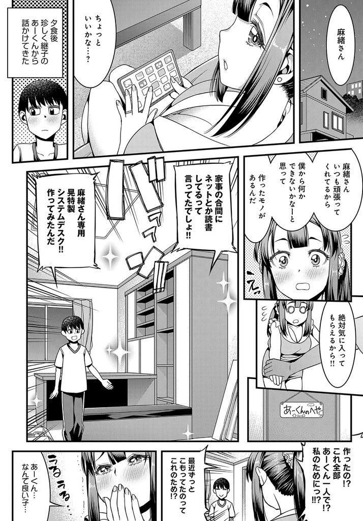 【エロ漫画】思春期の連れ子にエロ配信をしていることを知られ配信中にチンポを差し出される巨乳若人妻...息子のオスの臭いで発情し息子の好意に甘えて性欲が満たされるまでチンポを借り近親中出しセックス【えすお:ままははいしん。】
