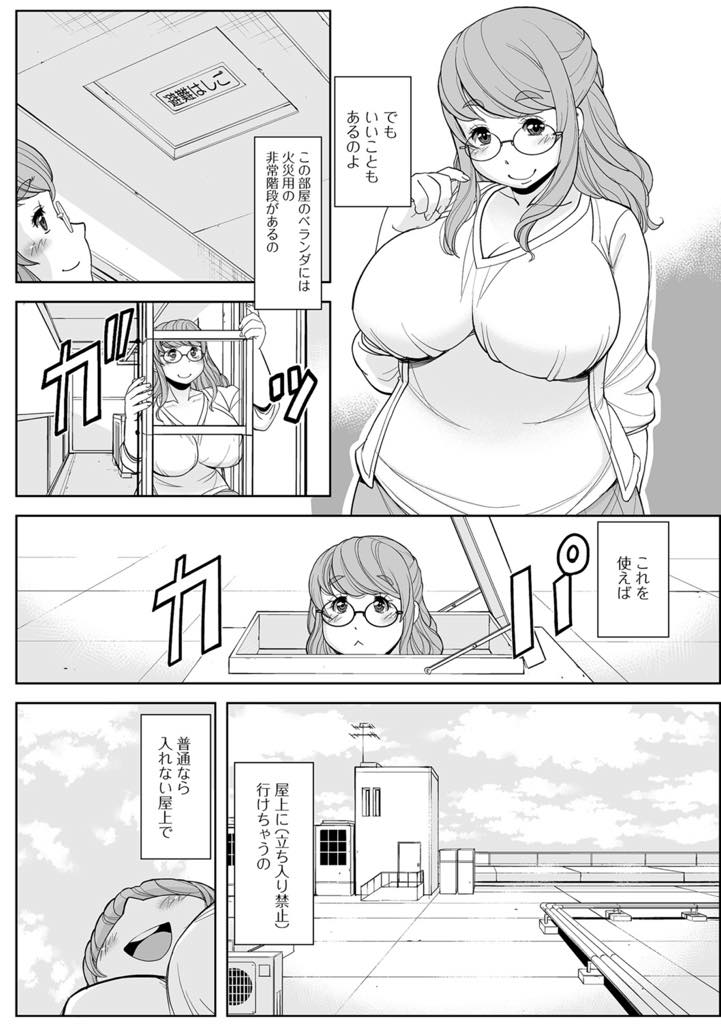 【エロ漫画】マンションの屋上でオナニーをする欲求不満な人妻。セキュリティの男にチンポを舐めさせられ久々な生ハメセックスでアヘ顔で中出し絶頂イキ