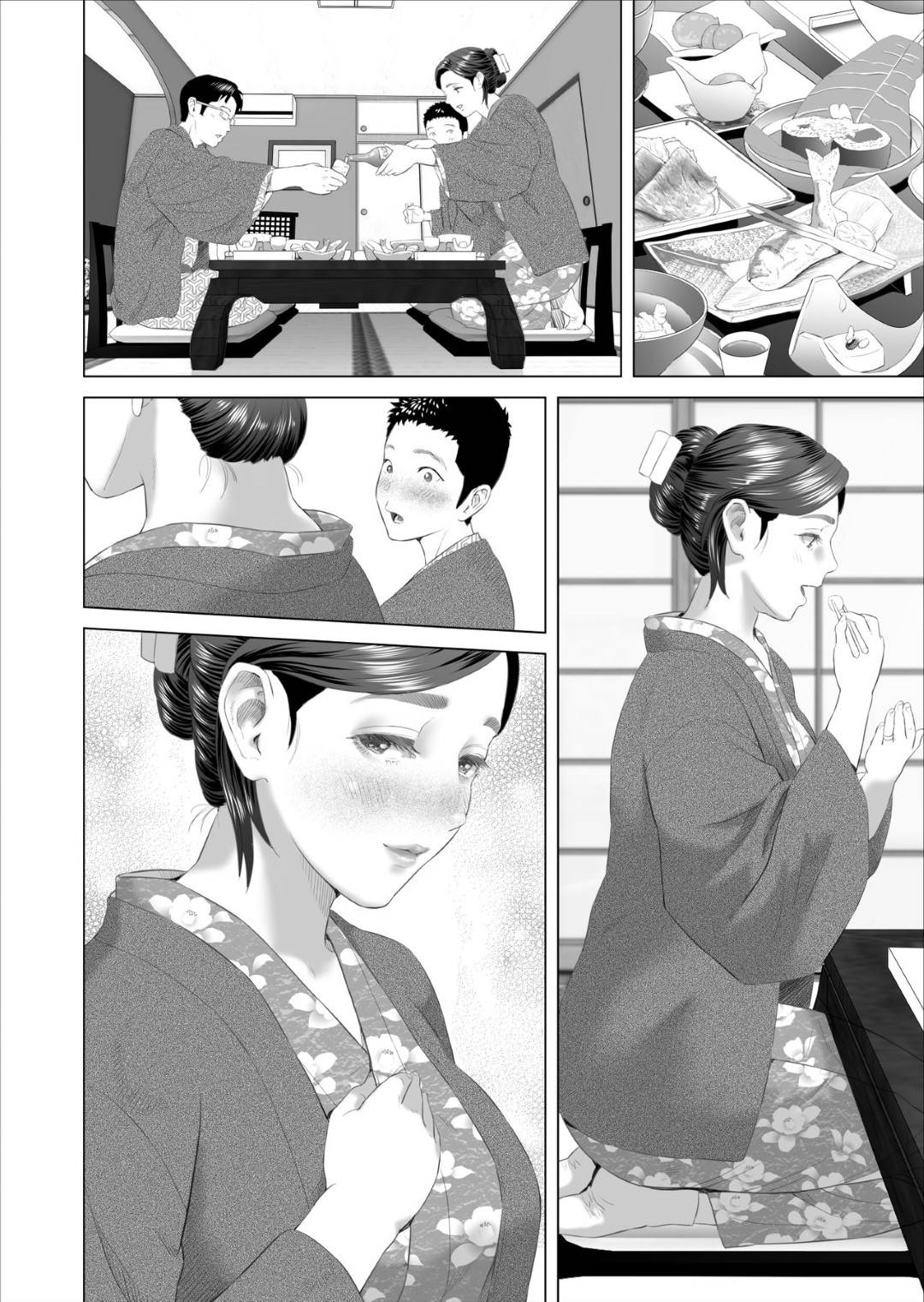 【エロ漫画】息子と男女関係にあるムチムチ熟女母…息子に目隠しをしてきれいなビーチを想像しながらエロ水着でヤりまくり激しい中出しセックスでイキまくる【灰司：近女誘惑 あふれる息子の性欲を飲み干す母 編】