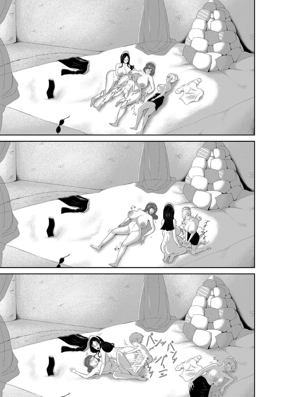 【エロ漫画】城で魔王と呼ぶショタをずっと待っていた淫乱魔女達…ひとりのショタが城に来ると魔王と呼び、我慢できずショタチンポをパイズリでご奉仕。2人の姉妹魔女も現れ4P乱交中出しセックス！【阿白:ショタ魔王と魔女奴隷の奉仕】