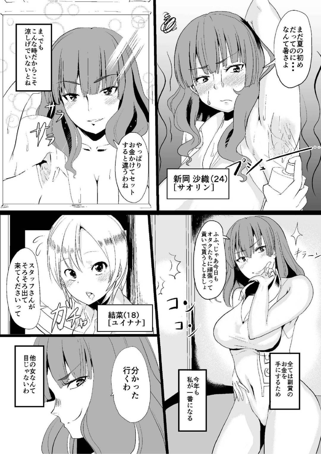 【エロ漫画】内側から女を磨きまくりナンバーワンになった巨乳レースクーン…人を自由自在に操れるという噂のカメラを手に入れたエロオヤジ。イベント会場で試しに使って見るも効果はないようでしかし、一見変化のないように見えるレースクイーンの心はその裏で着々と蝕まれていた。徐々にエロオヤジの人格に変わっていくレースクイーンを眺めながら疑似的な精神男性化！【にばしん:女の心をおっさん化するカメラ】