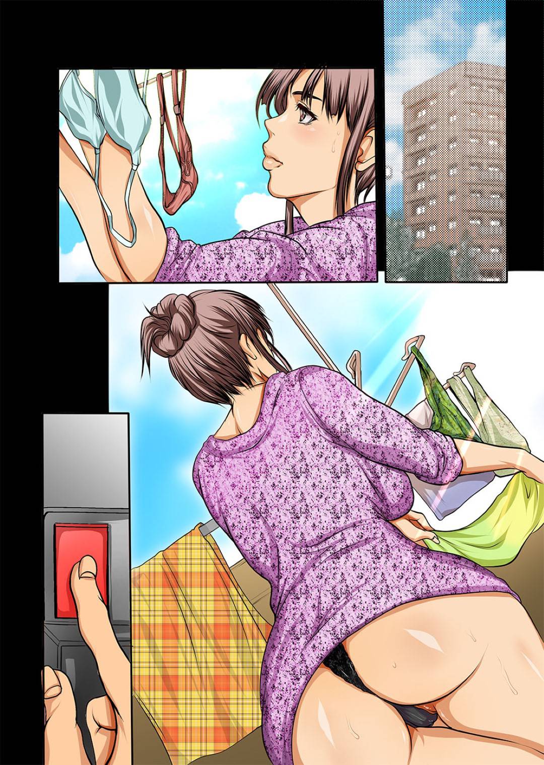 【エロ漫画】めちゃくちゃ浮気をしているど変態巨乳人妻…洗濯物を取っているときからセックスしちゃって、その後にど変態野外トロ顔セックスもしちゃう！【三顕人：浮気と食い込みの人妻若菜さんの性活】