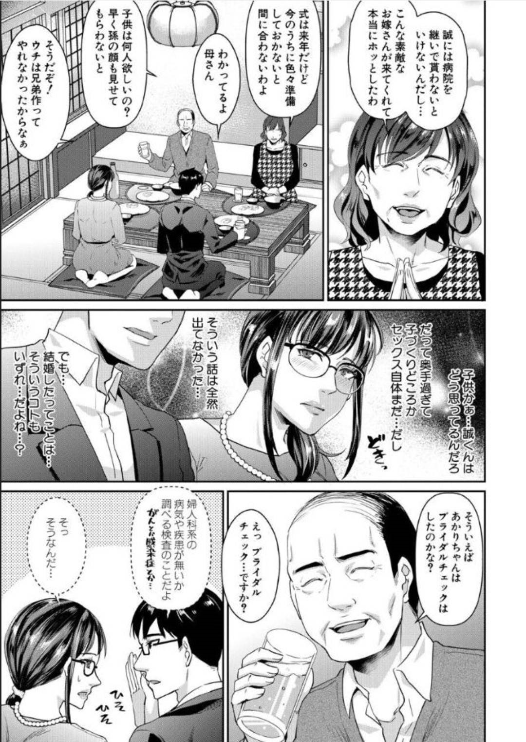 【エロ漫画】医者の義父に寝取られちゃう人妻…恥部責めされたりフェラしたりアナル責めで快楽堕ちしちゃう！【紫吹おろし：花嫁修行 〜義父の定期検診〜】
