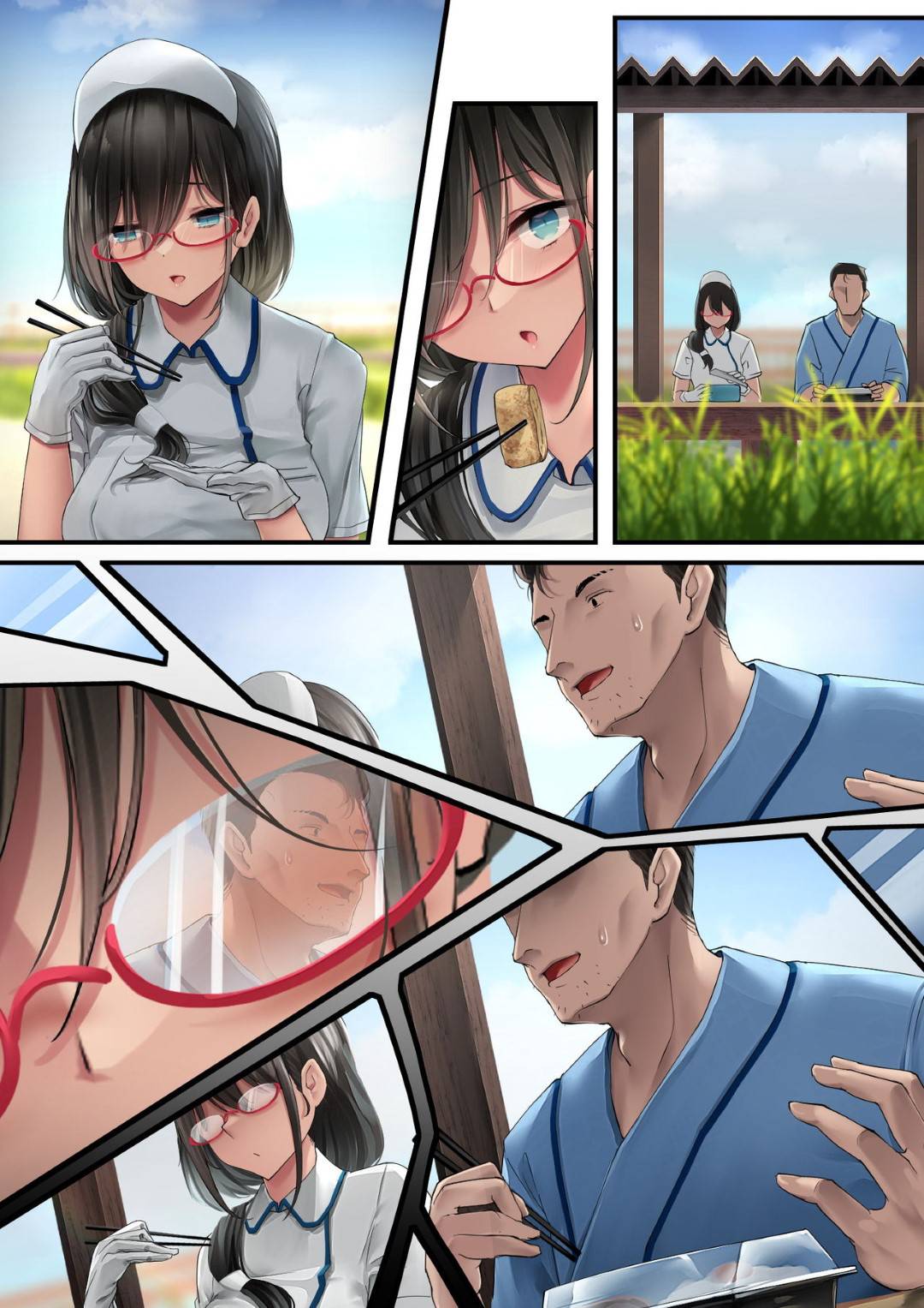 【エロ漫画】恋愛関係になってしまった眼鏡のかわいいナース…手コキしたり野外で乳首責めにあったり中出しセックスでトロ顔になっちゃう！【osisio：あでやかナーシング 2】