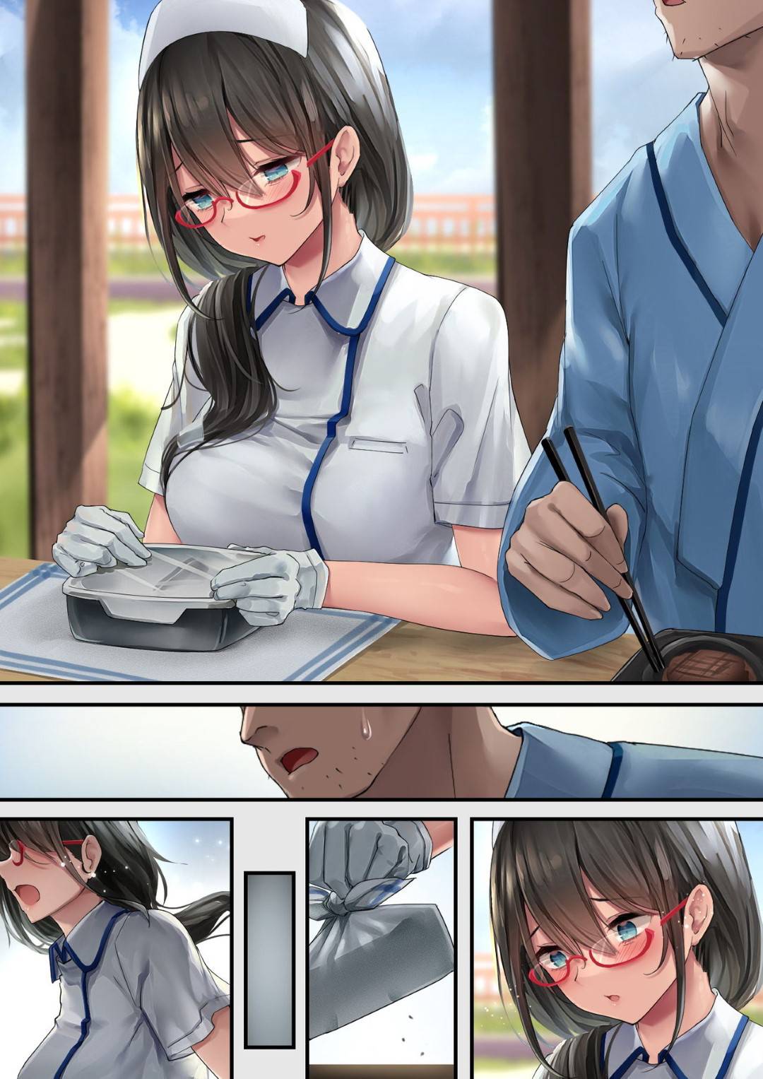 【エロ漫画】恋愛関係になってしまった眼鏡のかわいいナース…手コキしたり野外で乳首責めにあったり中出しセックスでトロ顔になっちゃう！【osisio：あでやかナーシング 2】