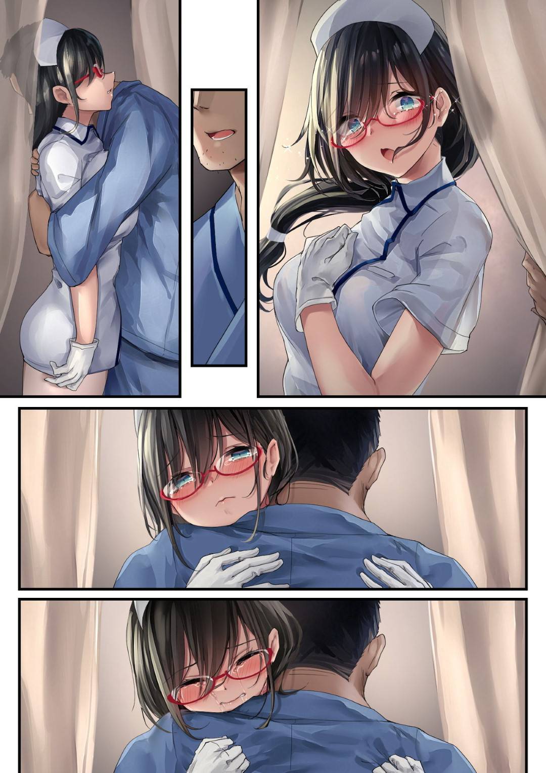 【エロ漫画】恋愛関係になってしまった眼鏡のかわいいナース…手コキしたり野外で乳首責めにあったり中出しセックスでトロ顔になっちゃう！【osisio：あでやかナーシング 2】