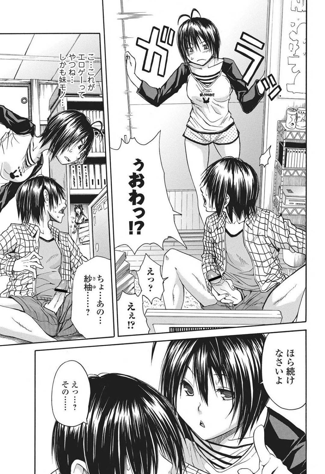 【エロ漫画】妹モノのゲーム好きな兄のオナニーを見て誘惑しちゃうビッチな妹。実物のマンコを見せてクンニをされて興奮した妹は騎乗位で生ハメいちゃラブセックスしてトロ顔で中出し絶頂アクメ堕ちしちゃう